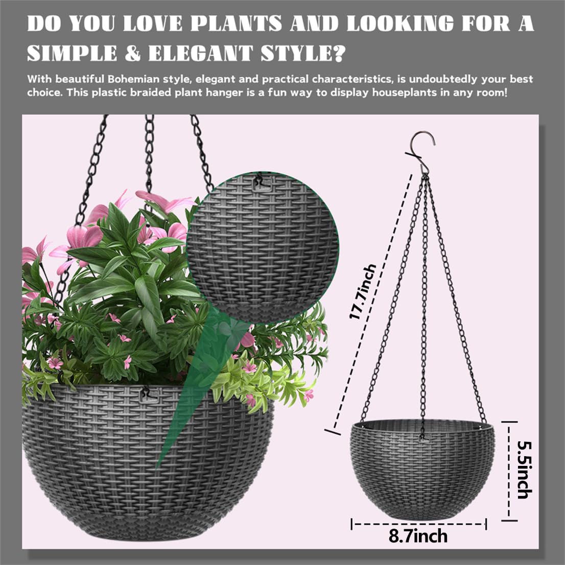 Hanging Planter, Plastic Flower Pot Plant Holder with Chain Indoor Outdoor Plants Pot Container Baskets, 8.7 inches Gray