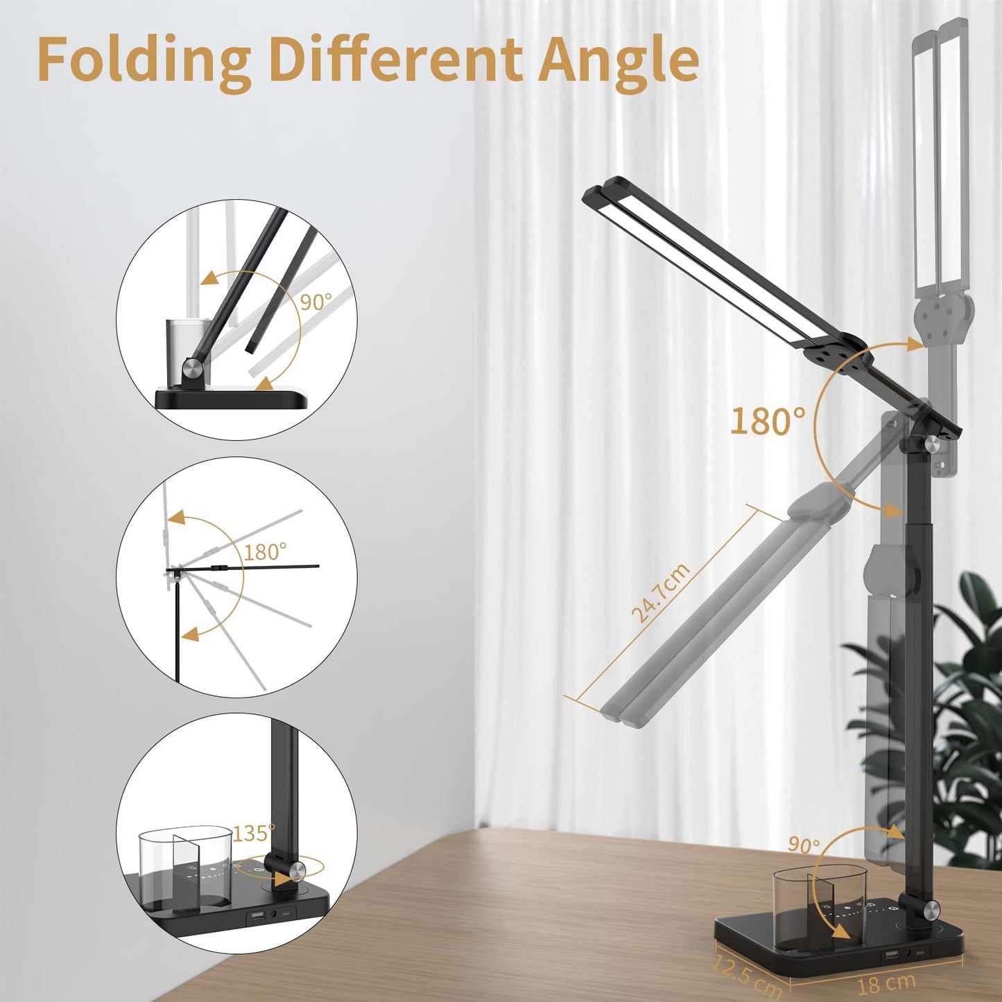 Woputne LED Desk Lamp, Dual Heads, Height Adjustable, USB Charging Port, 5 Light Modes & Dimmable Brightness, Bedside Lamp for Reading, Craft, Work, Study (Black, 15W)
