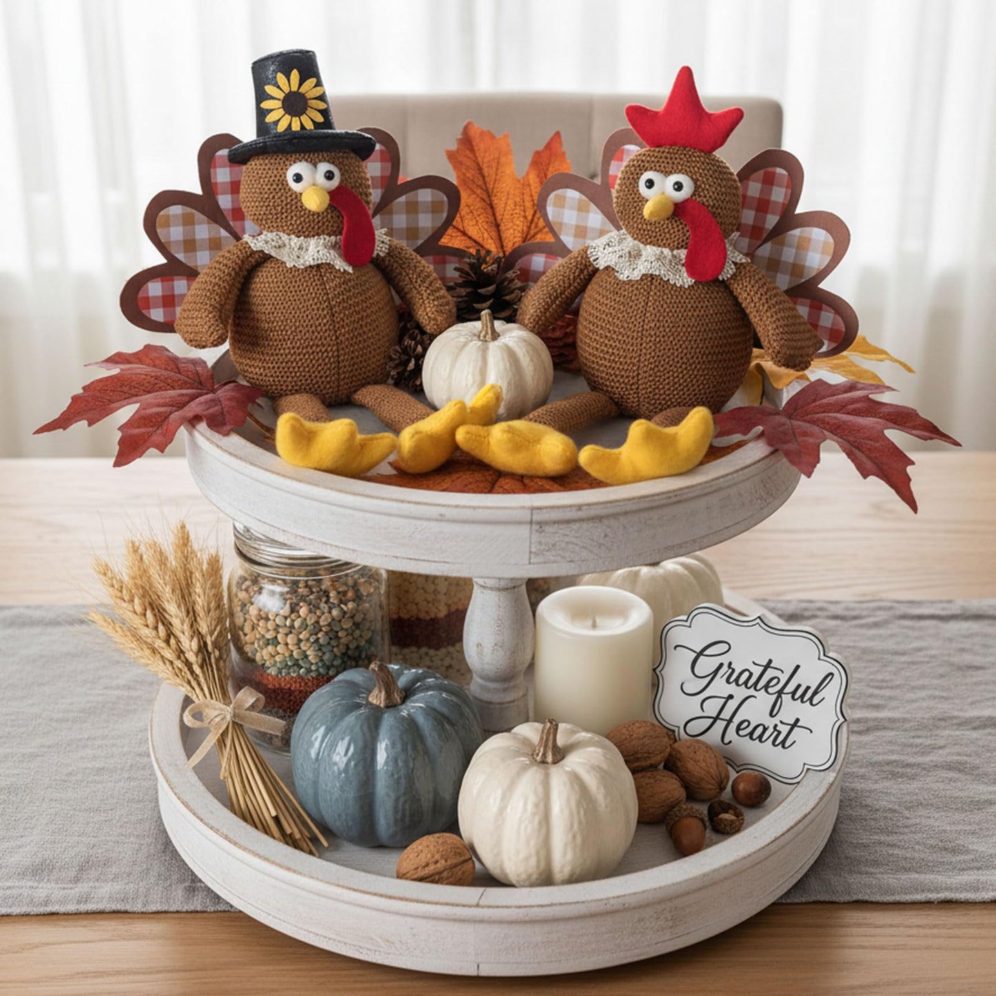 MWDJPXY Christmas Decorations Set of 2 Turkeys with Dangling Legs, Turkey Couple Doll Plush Kit Tabletop Centerpieces for Fall Harvest Home Decor Kitchen Shelf (Brown)
