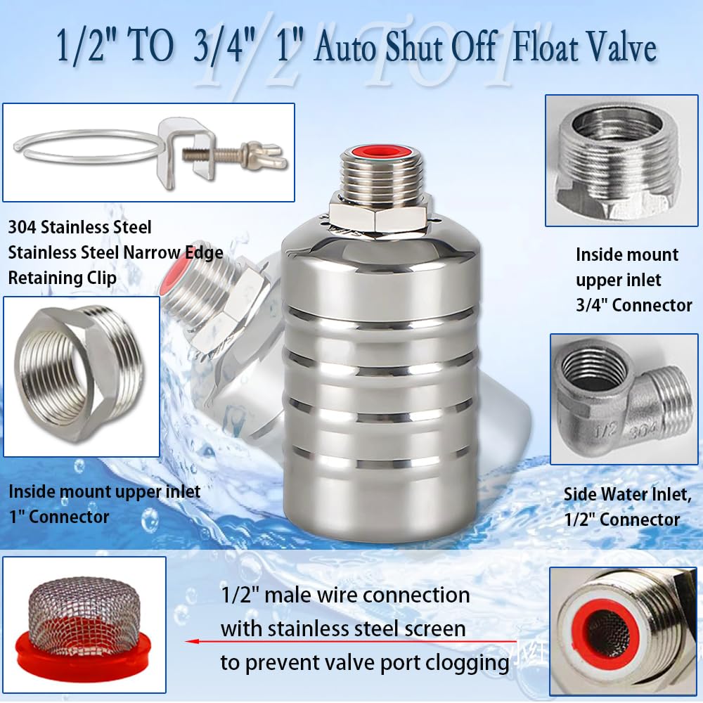 Float Valve,1/2" to 3/4" 1'' Water Level Control Float Valve, 304 Stainless Steel Fully Automatic Water Shut Off Valve, Automatic Water Level Controller for Water Tank, Pool, Livestock Troughs.
