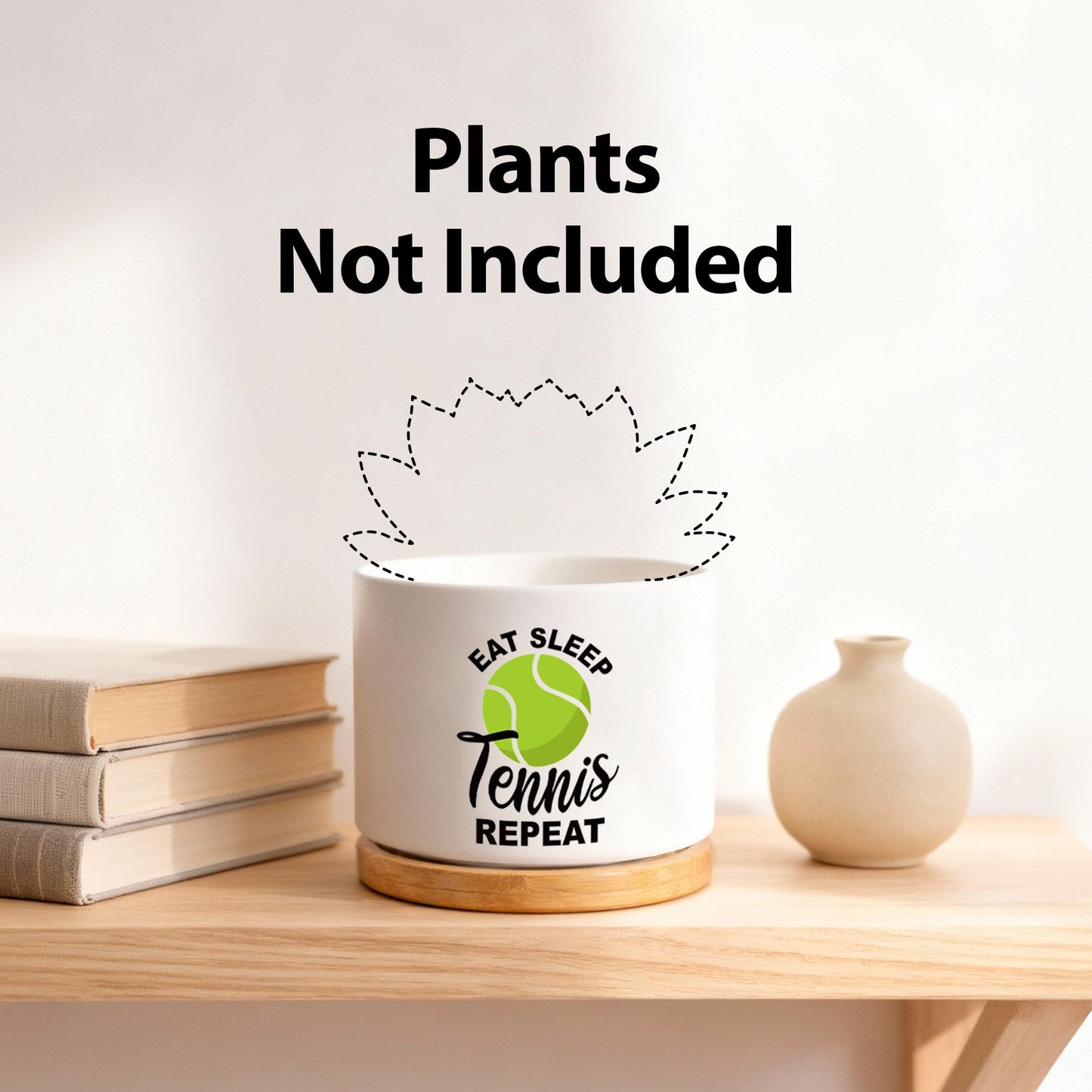 Loovelo Eat Sleep Tennis Repeat Tennis Gifts for Sports Lover Coach Player Ceramic Succulent Plant Pot with Bamboo Tray Home Office Decor 3.5 Inch White (No Plants)