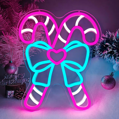 Pink Candy Canes Neon Sign Candy Christmas Neon Sign for Wall Decor Pink Christmas Decor Led Sign with Bow Xmas Neon Light Up Signs for Window Bedroom Holiday Xmas Party Home Decoration Gift Winter