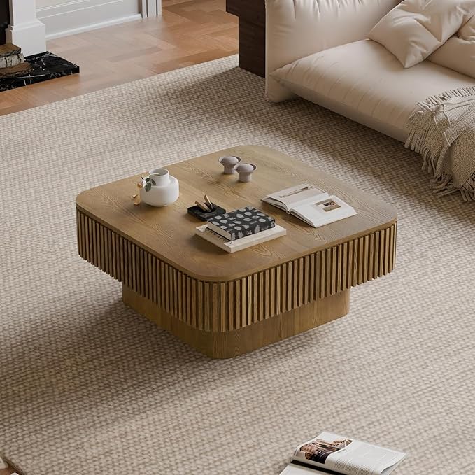Square Coffee Table for Living Room, Fluted Drum Accent Tea Center Table