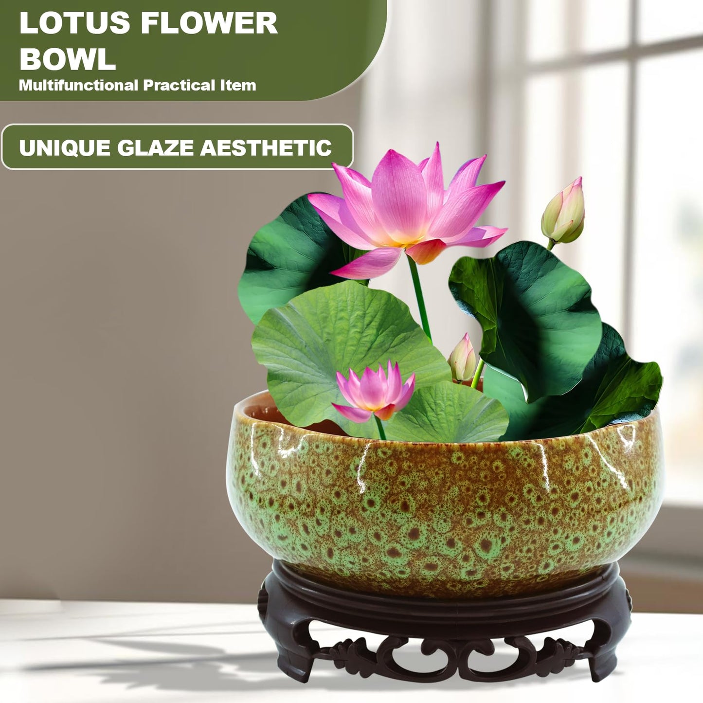 YOSMAKIY Lotus Bowl Planter，Decorative Ceramic Bowl Lotus for Water Plants with Black Stand, Green and Brown Glazed Finish