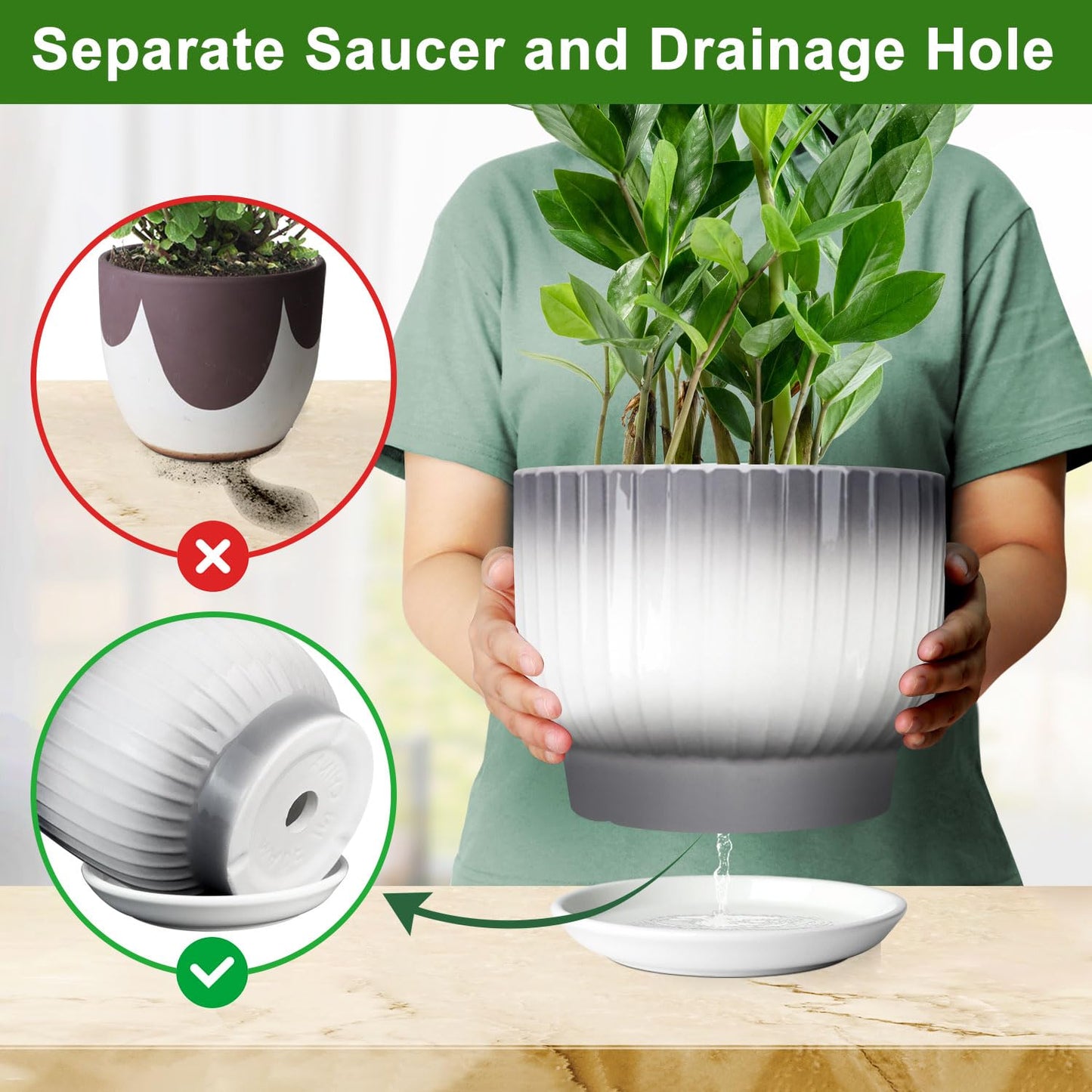 YUFDA 8 Inch Plant Pot, Ceramic Planter with Drainage and Saucer, Ceramic Pots for Plants, Indoor Plant pots,Ceramic Flower pots(Gray + White, Plants NOT Included)