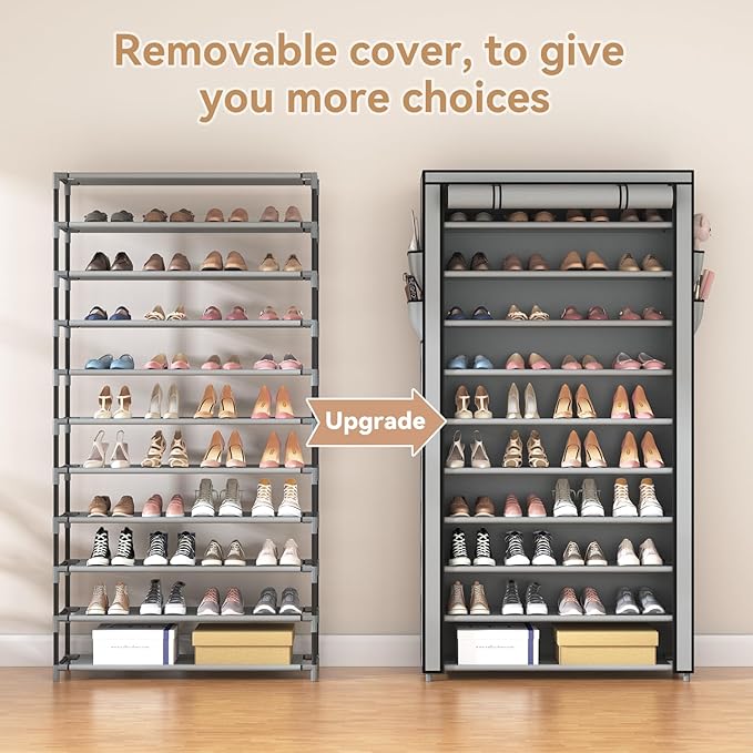 ROJASOP Shoe Rack with Covers, Stackable 10 Tier Tall Shoe Shelf Storage 50-55