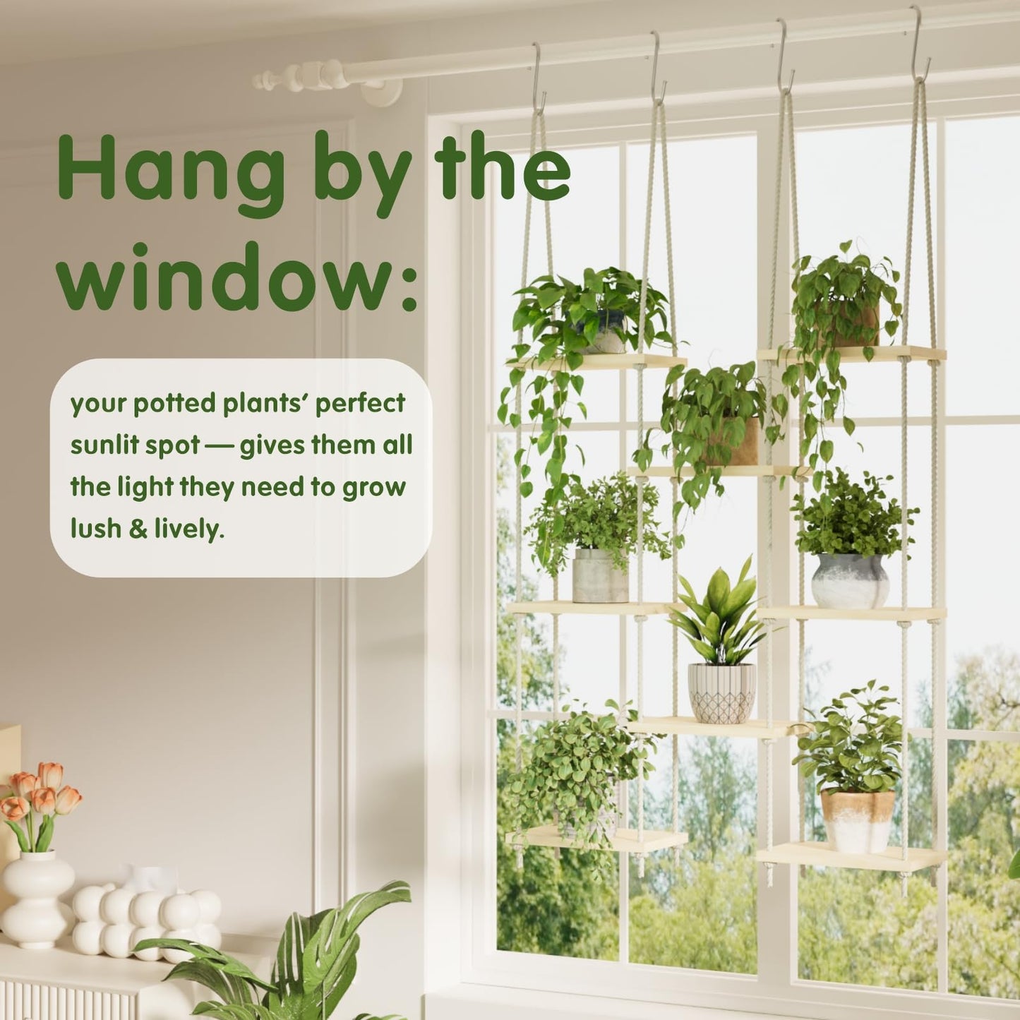 Vihawke Window Plant Shelves, 8 Tier Window Sill Shelf for Plants, Macrame Hanging Plant Stand Indoor, Plant Hanger Floating Shelves, Window Plants Holder Boho Decor Living Room Bedroom Wall Decor