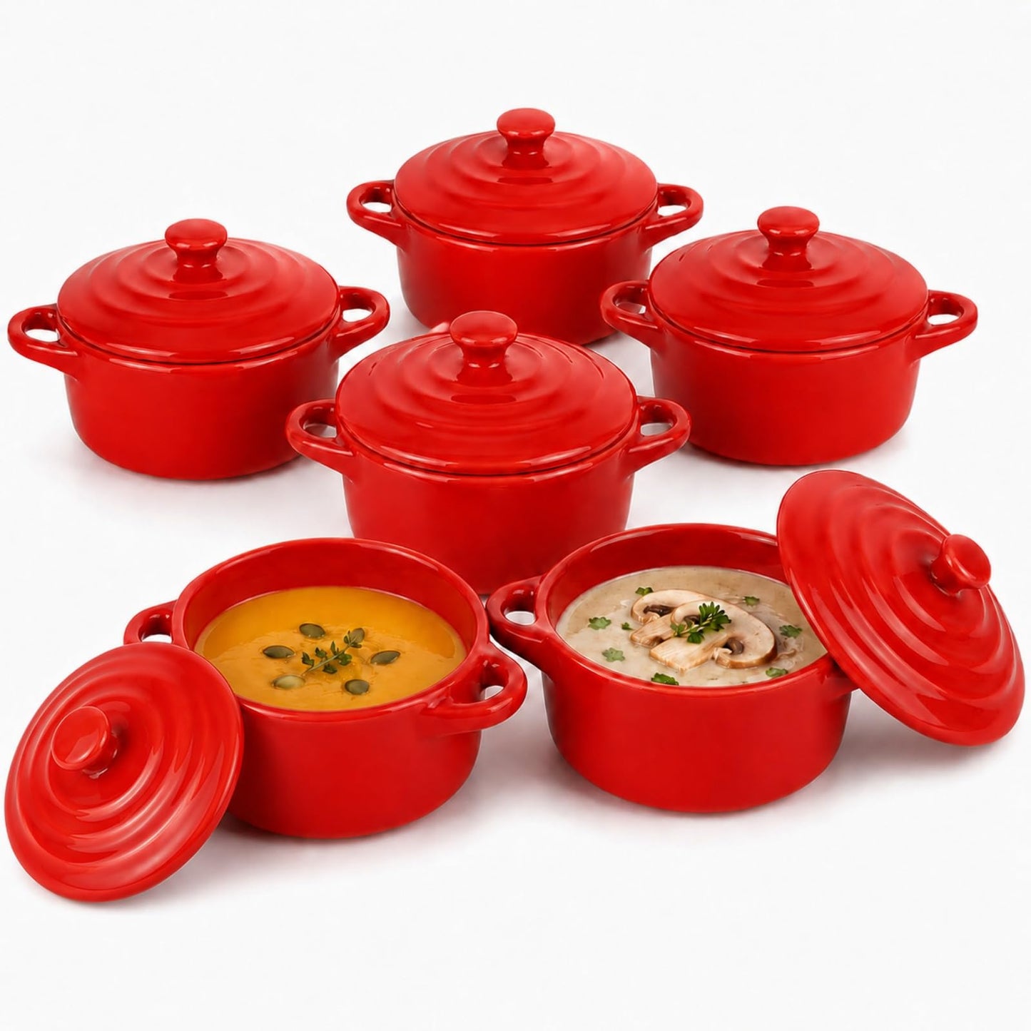 RHBLME 6 Pack French Onion Soup Bowls, 7 Oz Ramekins Oven Safe Mini Cocotte, Red Ramekins with Lids Oven Safe Soup Bowls for Creme Brulee, Pot Pie, Lava Cakes, Pumpkin Soup