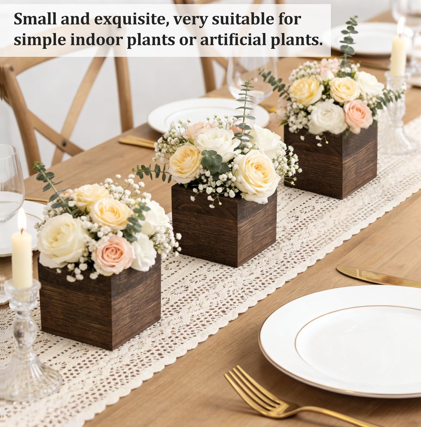 Dahey Small 4 Inch Wood Wall Hanging Planter Boxes for Indoor Plants 3 Pcs Square Rustic Farmhouse Wall Mounted Flower Pot Vases with Plastic Liner for Garden Home Centerpiece Decor(No Plant Included)