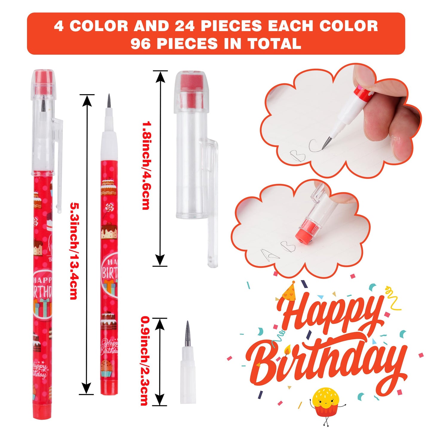 Kolewo4ever 48pcs HB Birthday Pencils Kawaii Cute Multipoint Pencil Push Translucent Non Sharpening Stackable Pencils Pop Up Plastic Pencil for Classroom Rewards Carnival Prizes
