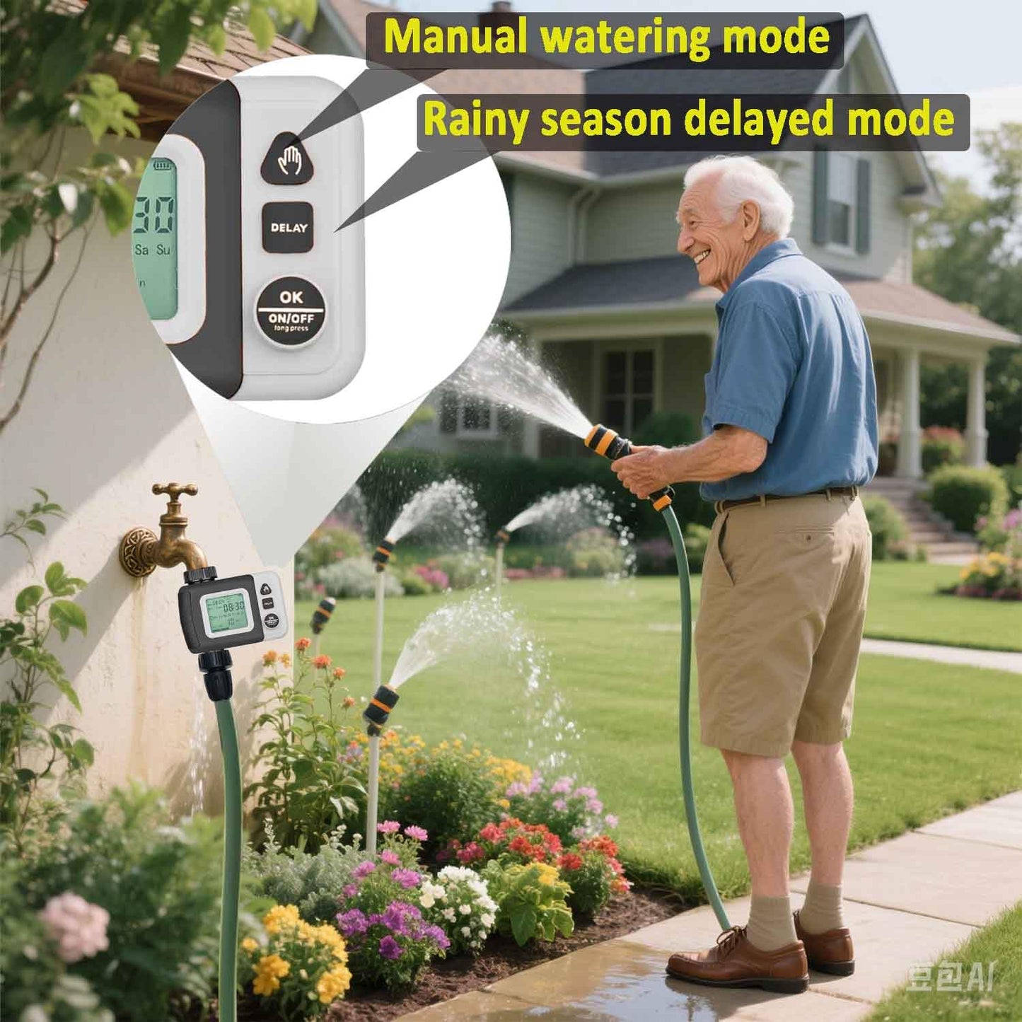 Drip Irrigation Kit Automatic Watering System with Water Timer 64FT 1/4 Tubing and 12 Rain Spray Watering Nozzles in 4 Directions for Potted Plants Yard Lawn Juvenile Plants Greenhouse Mist
