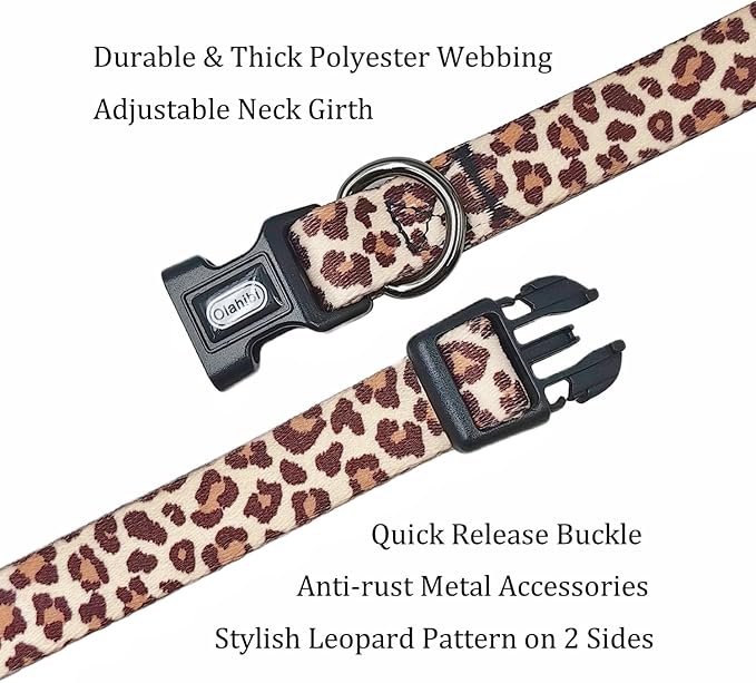 Dog Collar Leash Set, Leopard Pattern, Polyester Material, Adjustable Collar and 5ft Matching Leash, for Large Dogs.(L, Light Coffee Leopard)