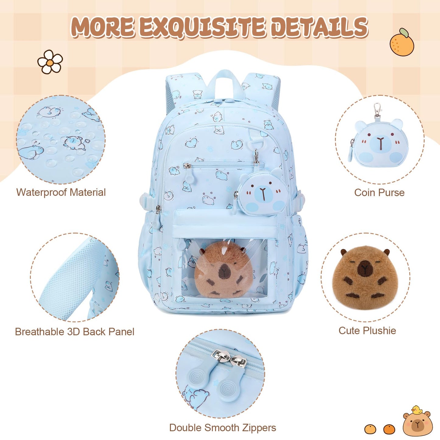 Similove Capybara Theme Backpack for School Girls, 35PCS Kids Backpack Set with School Supplies Stationery Kit Lunch Box Pencil Case, Cute Girls Bookbag for Kindergarten Elementary Student
