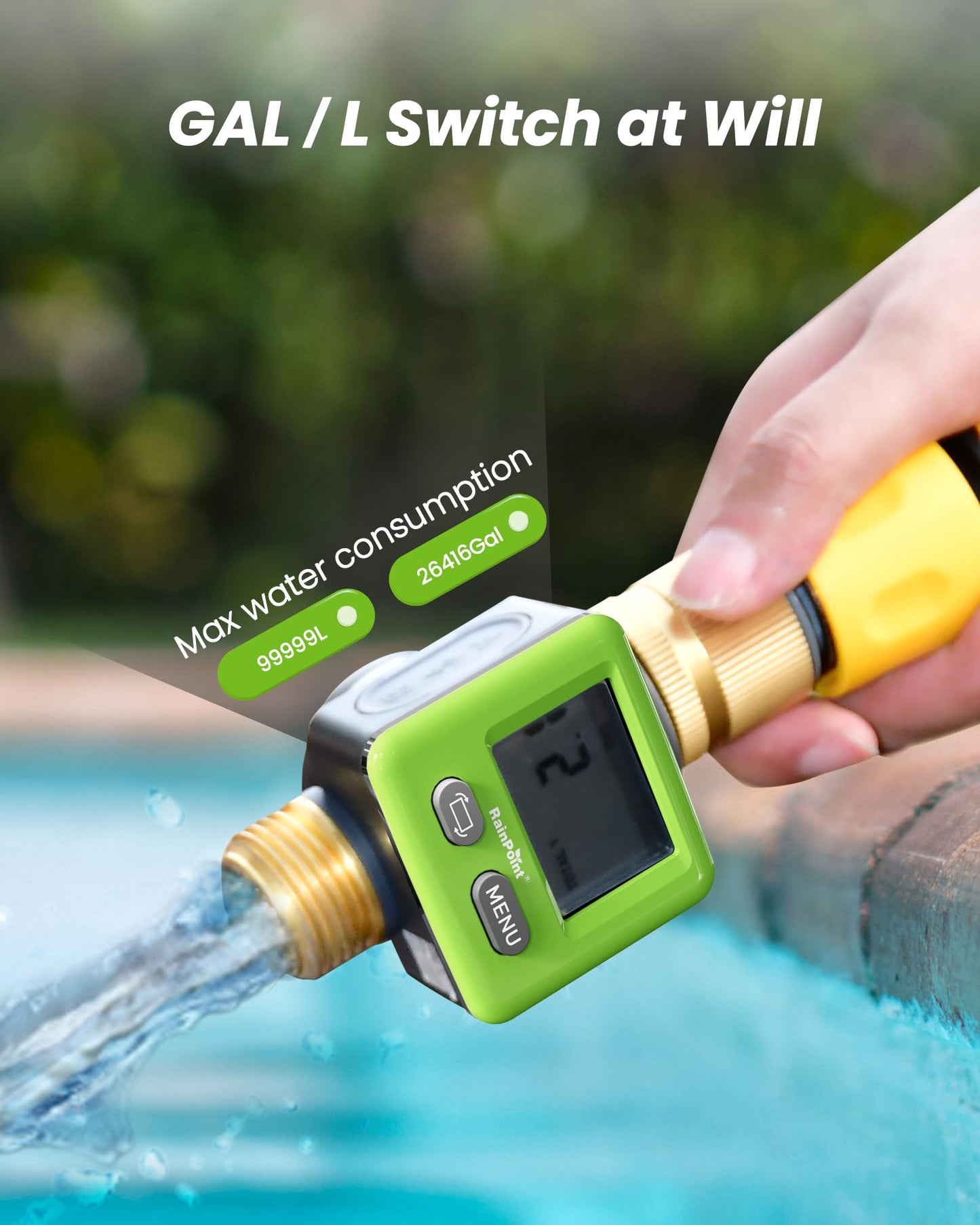 RAINPOINT Water Flow Meter, ±5% Accuracy, Pure Brass Inlet & Outlet Water Meter, 180° Screen-Flip, 4 Measure Modes for Outdoor Garden Hose, Lawn Sprinkler Watering, RV Water Tank Filling, Green