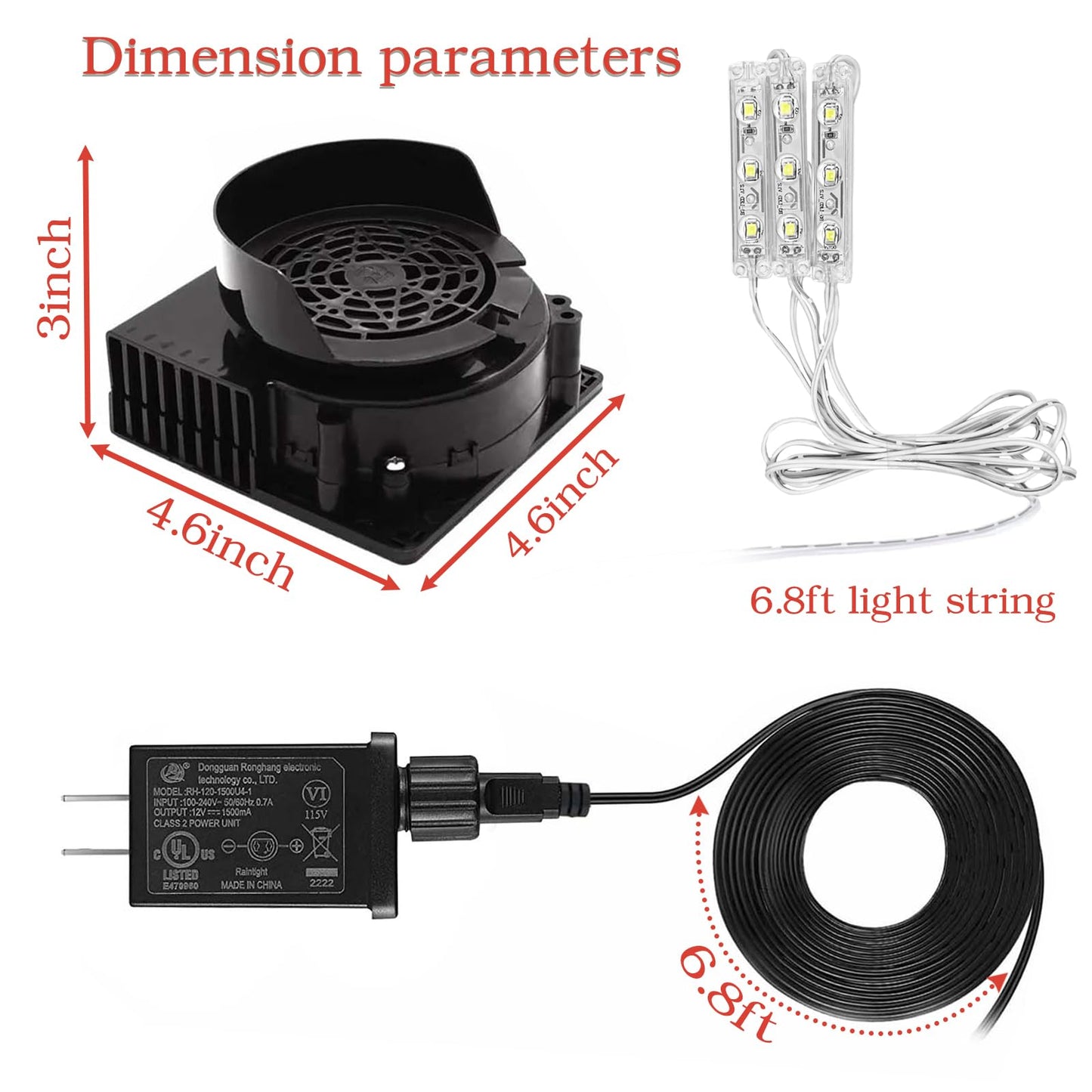 Inflatable Fan Blower Replacement, 12V 1.2A Waterproof Air Blower with 3 LED Light String for Halloween, Christmas, Easter，Thanksgiving Day Inflatables Fan Blower, Inflatables Indoor Outdoor