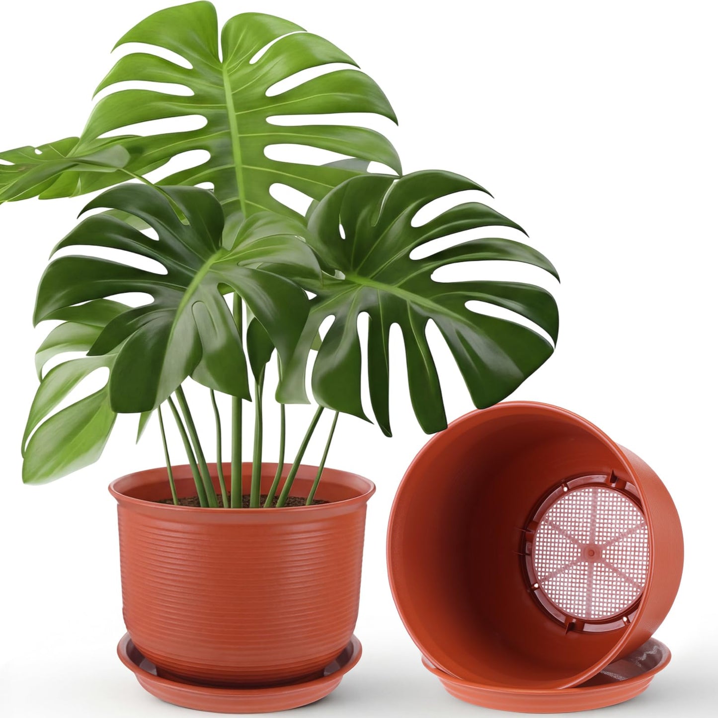 RimCereal 2 Pack 14 Inch Plastic Large Terracotta Plant Pot with Drainage Hole and Saucer Large Plant Tree Pots Flower Tree Containers for Indoor Outdoor Gardening Front Porch Patio Yard or Deck