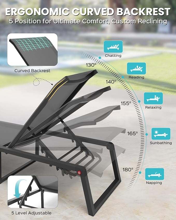 Aluminum Chaise Lounge Chair Outdoor, Foldable& No Assembly Patio Pool Lounge