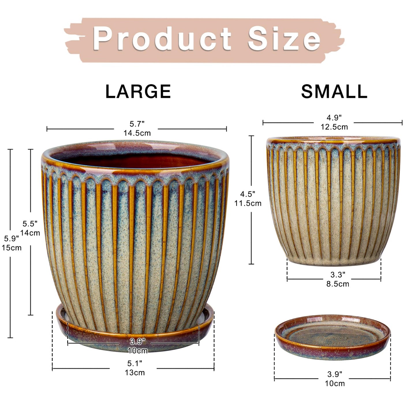 Oairse Ceramic Pots for Indoor Plants, 4.9 +5.7 inch Set of 2 Brown Plant Pots with Drainage Holes and Saucers Texture Ceramic Planters Indoor Outdoor Flower Planters for Succulent