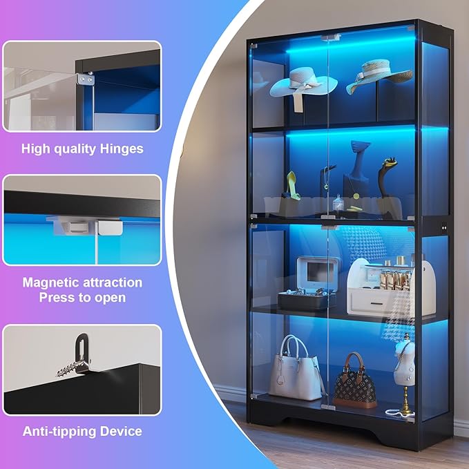 knoworld Display Cabinet with Glass Doors, 4-Tier Glass Display Case with 15mm