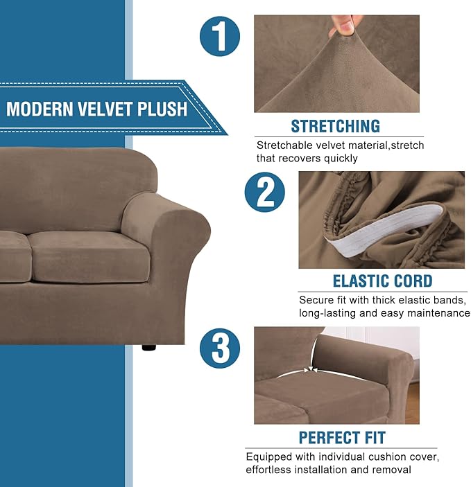 H.VERSAILTEX Real Velvet Plush 3 Piece Stretch Sofa Covers Couch Covers
