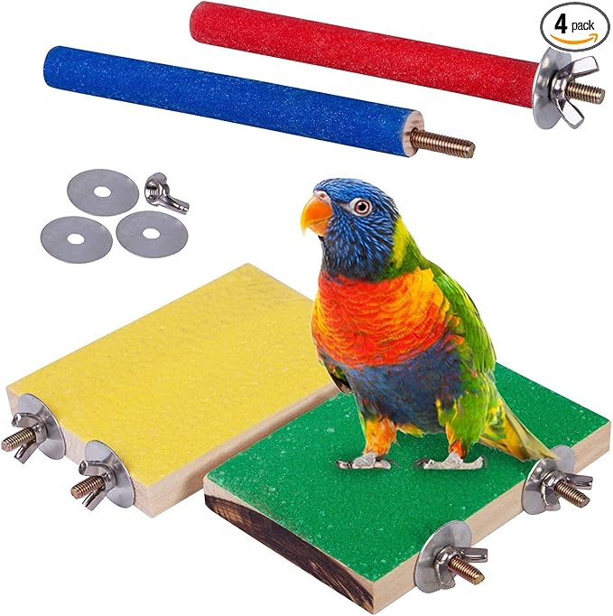 Petsvv 4 PCS Bird Perch Stand Toy, Wood Parrot Perch Stand Platform Paw Grinding Stick, Cage Accessories Exercise Toys Budgies Parakeet Cockatiel Conure Hamster Gerbil Rat Mouse