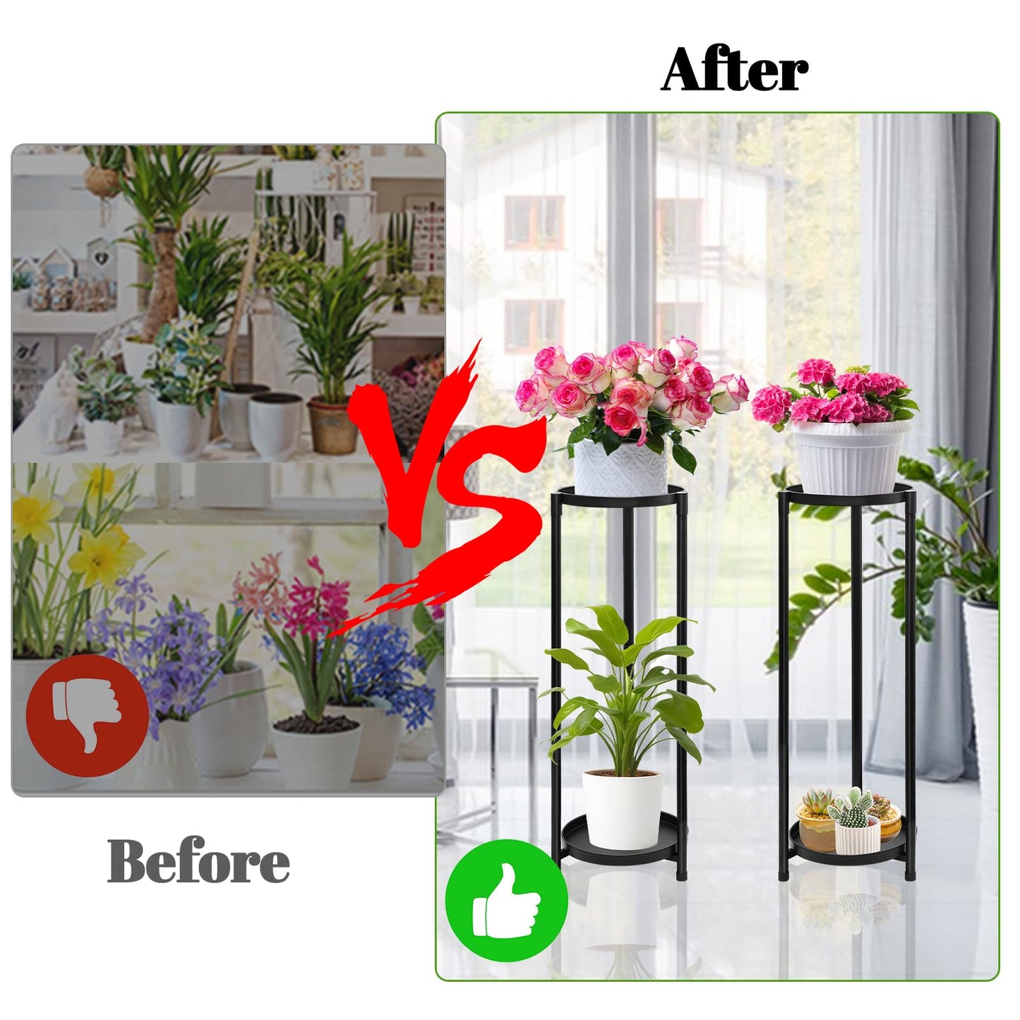 VeyFolzin.st 2 Tier Round Tall Metal Plant Stand indoor outdoor, Rustproof Round Planter Display Storage Rack, Heavy Duty Potted Holder for Home Garden Patio Bathroom Living Room(Black)