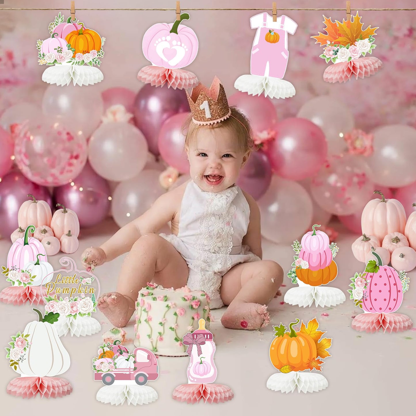 12 PCS Little Pumpkin Baby Shower Decorations 3D Honeycomb Centerpiece Fall Party Table Decor for Girls Pink Table Toppers Honeycomb Gifts for Birthday Party Supplies
