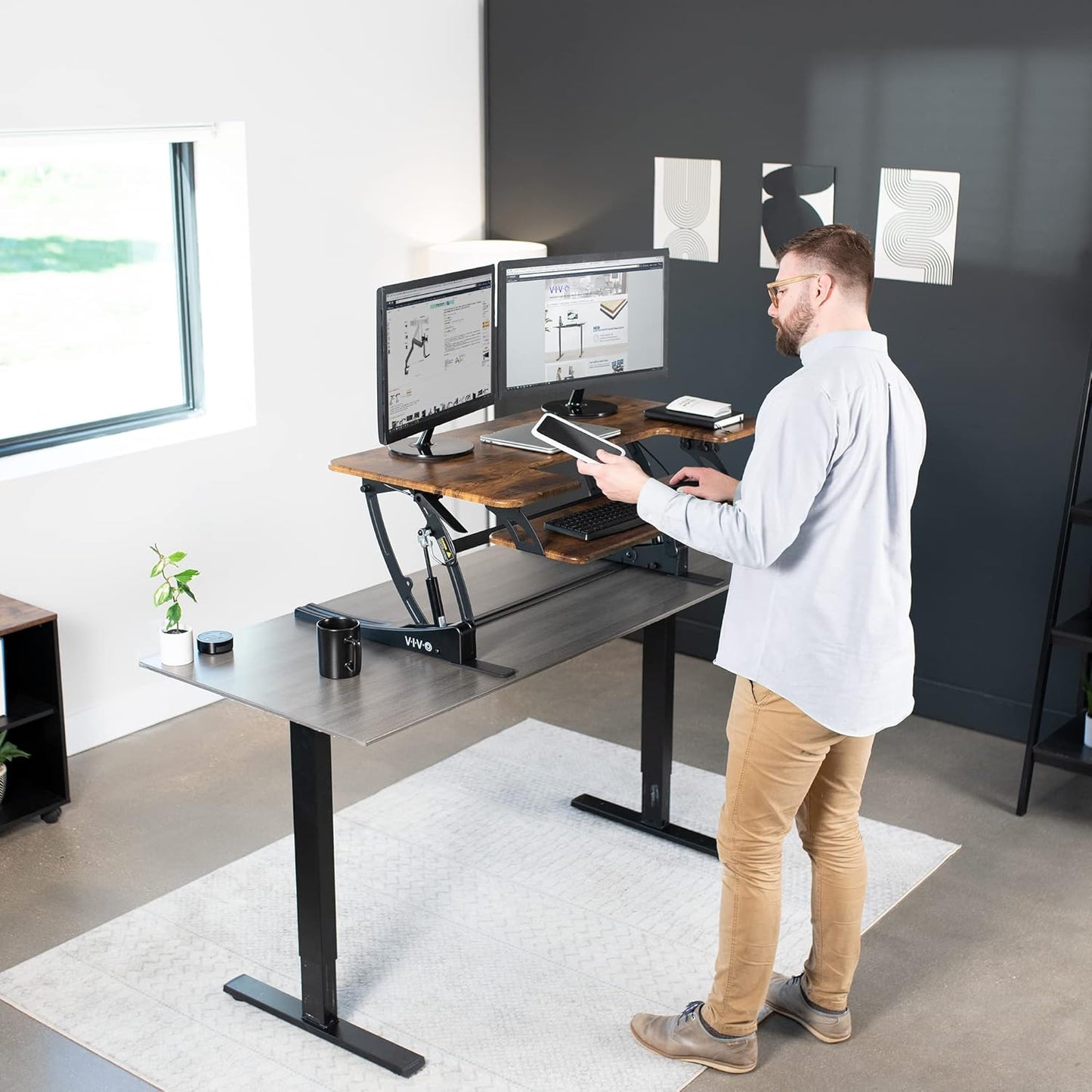 VIVO 42 inch Height Adjustable Stand Up Desk Converter, V Series, Quick Sit to Stand Tabletop Dual Monitor Riser Workstation, Rustic Vintage Brown Top, Black Frame, DESK-V000VLN