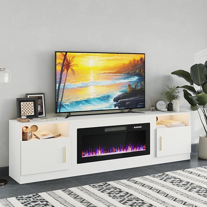 PRETZI Fireplace TV Stand with 36" Fireplace Up to 90" TVs, Remote Control