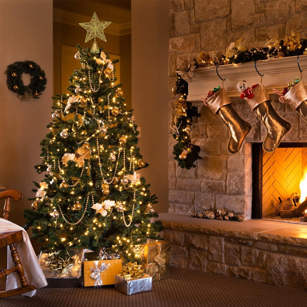 Unomor 10 Inch Christmas Star Tree Toppers – Gold Glittered Metal Hallow Design Tree Topper Star for 6ft to 7ft Christmas