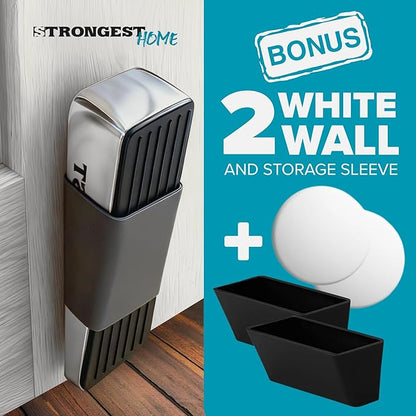STRONGEST HOME Door Stoppers for Bottom of Door – Heavy Duty Metal Rubber Stopper, Non-Slip Door Stop for Heavy Doors, Works on Wood, Tile & Carpet Floors, Wedge Chrome 2 PCs + 2 White Wall Protectors