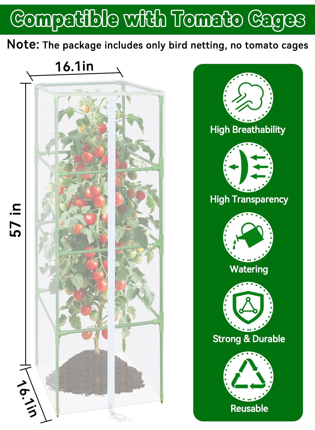 ZeeDix 57" x 16.1" Garden Bird Netting for Square Tomato Cage, 2 Pack Garden Mesh Barrier, Plant Covers Protect Tomatoes, Vegetables, Blueberry Bush from Birds & Pests