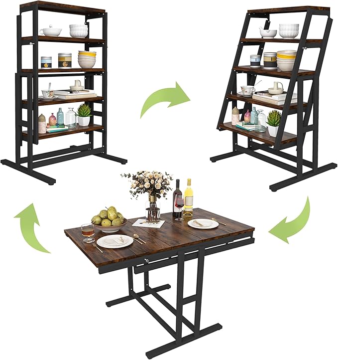 Convertible Dining Table, 2 in 1 Bookshelf to Kitchen Table, Space Saving