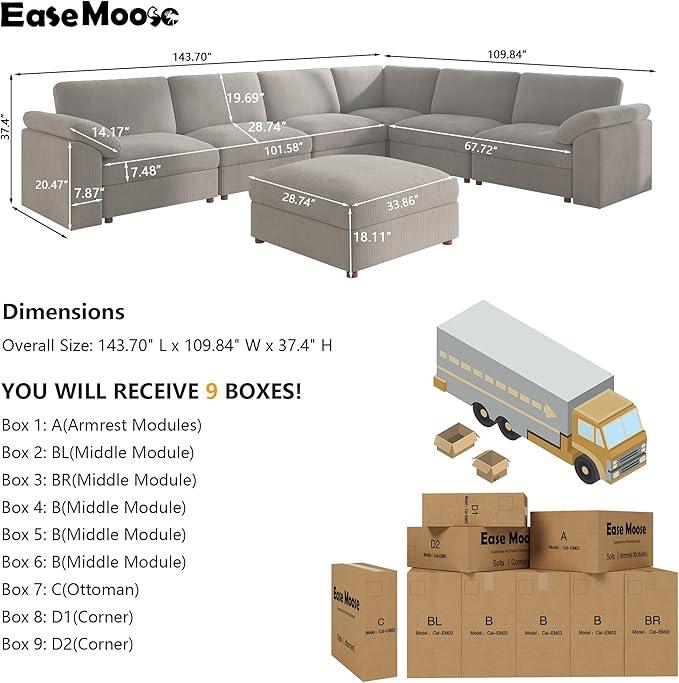 EASE MOOSE Oversized Sectional Modular Sofa, Large Sectional Couch Wide Deep