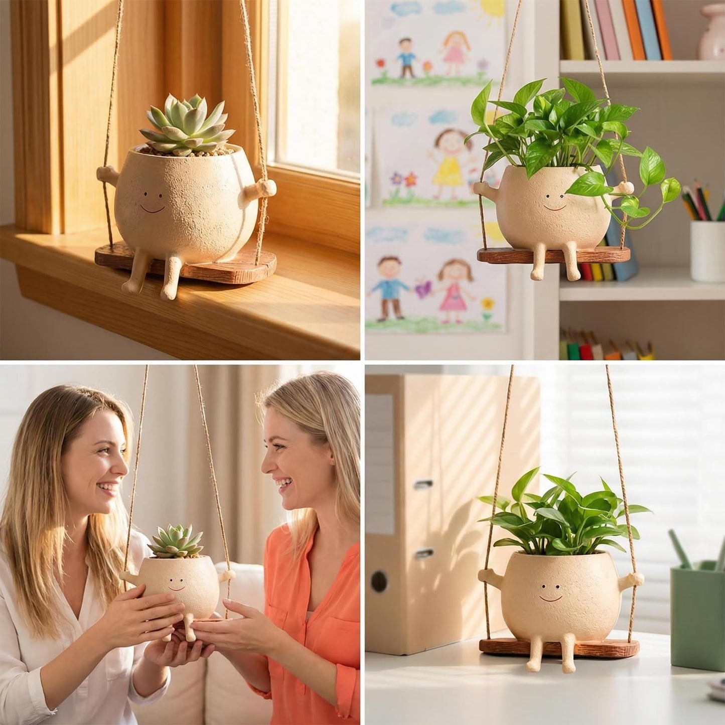 TEARS OF GAIA Hanging Planters for Indoor Plants, Lovely Face Planter Pot Cute Resin Flower Head Planters with Drainage, for Mom, Funny Succulent Plant Lover Gift for Plant Lovers (Small Swing)