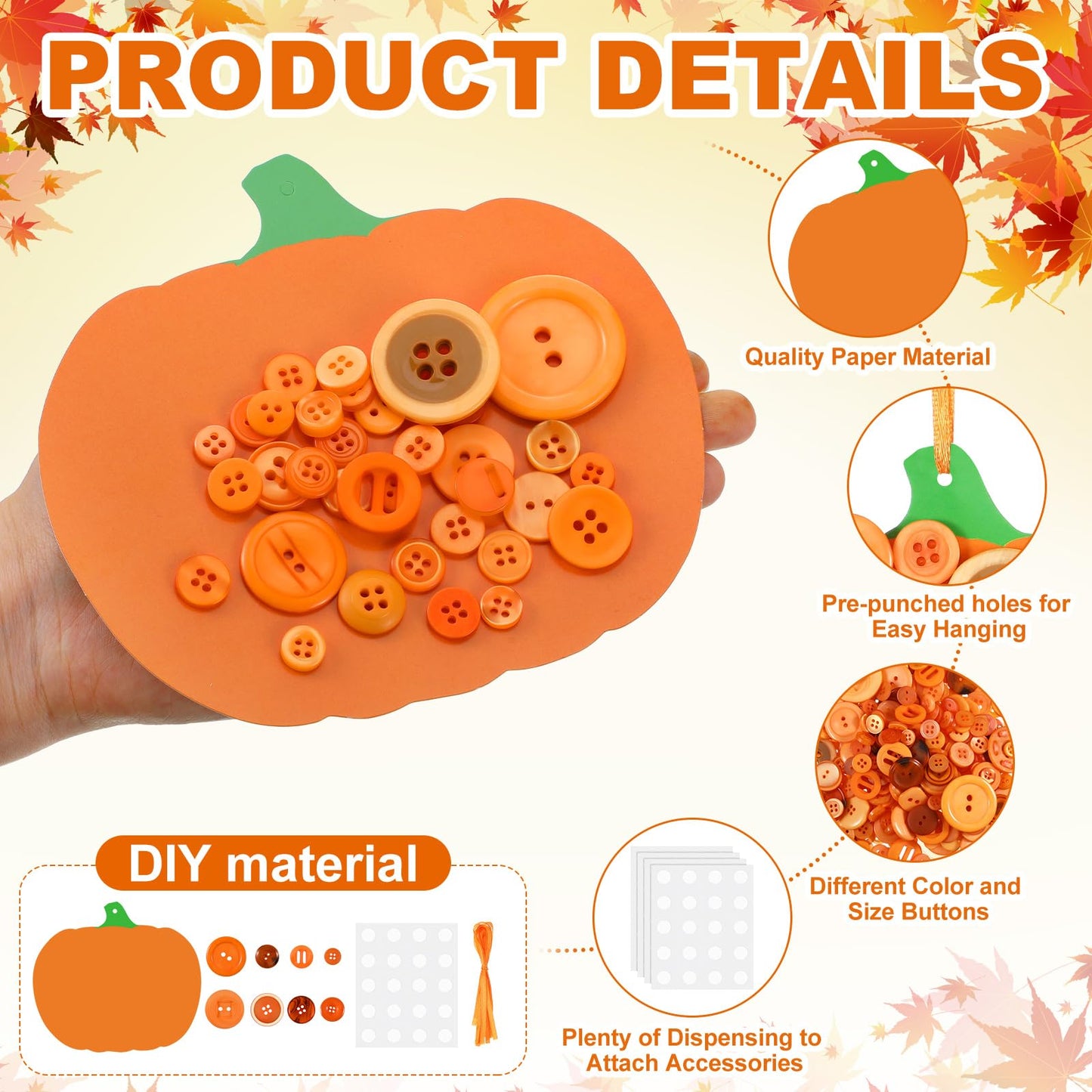CraftyDream 12 Set Fall Pumpkin Craft Kit Buttons Fall Halloween Ornament Autumn Craft Hanging Decoration for Autumn Party Favor DIY Home Activities