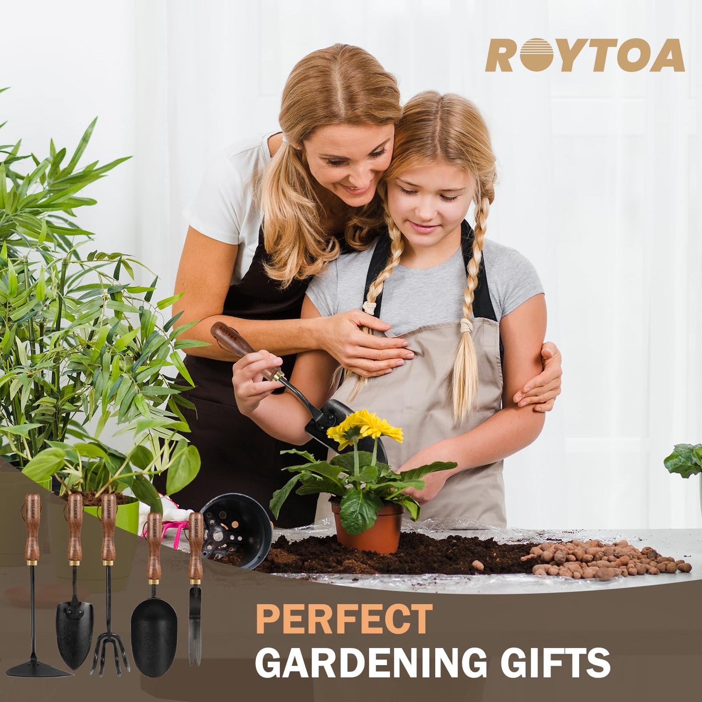 ROYTOA Garden Tool Set, 5PCS Gardening Tools, Stainless Steel Heavy Duty Hand Cultivator, Hoes, Shovel, Trowel and Weeder with Ergonomic Walnut Handle, Gardening Gifts for Women