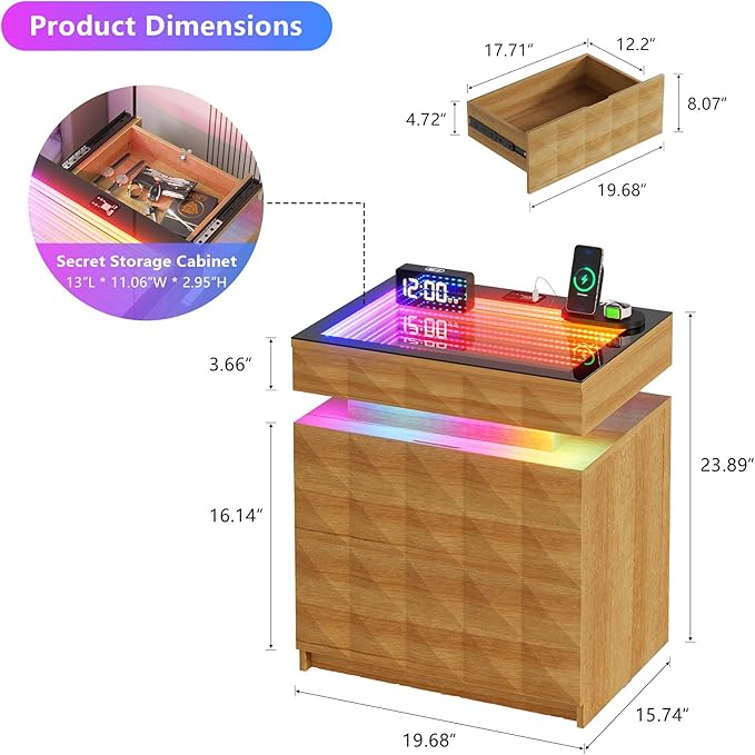 HWB Nightstand with RGB Lights, 3 Drawers Night Stand with Hidden Storage