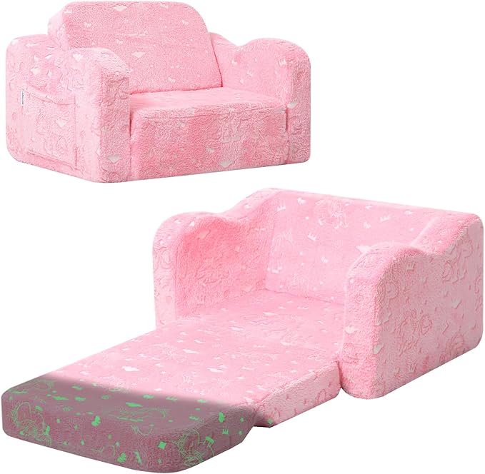 MeMoreCool Glowing Unicorn Kids Chair, 2-in-1 Glow in the Dark Kids Couch Fold