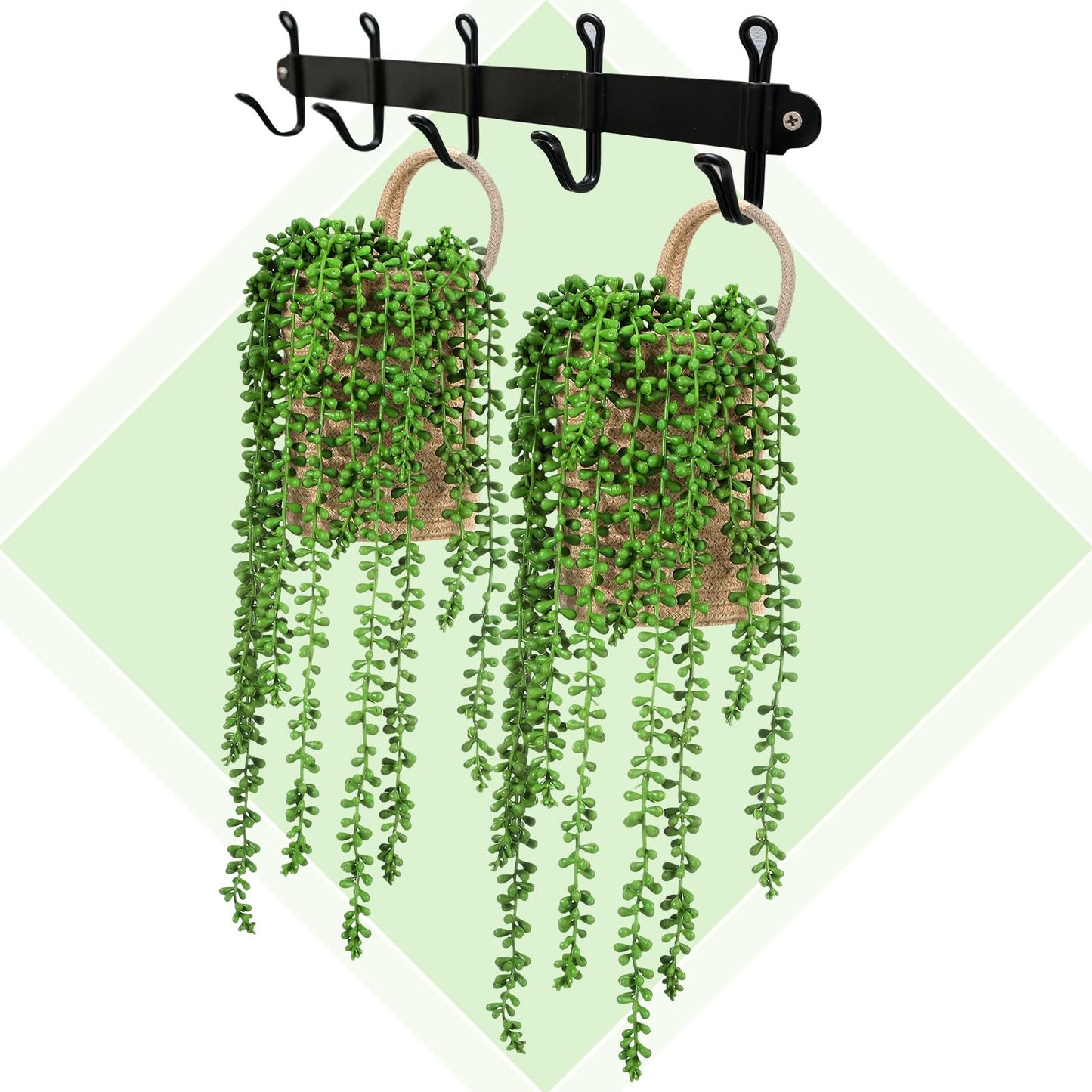 Umigy 2 Pack Wall Hanging Rope Baskets with 4 Pcs Faux Strings of Pearls Plant Jute Hanging Basket with Artificial Succulents for Porch Living Room Bedroom Entryway Patio Outdoor Decoration