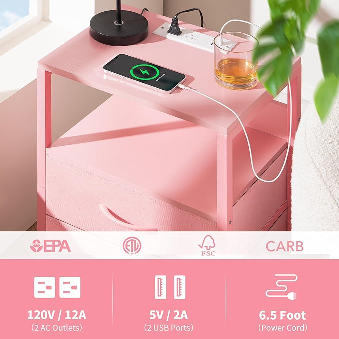 Yoobure Nightstand with Charging Station, LED Night Stand with Fabric Drawers