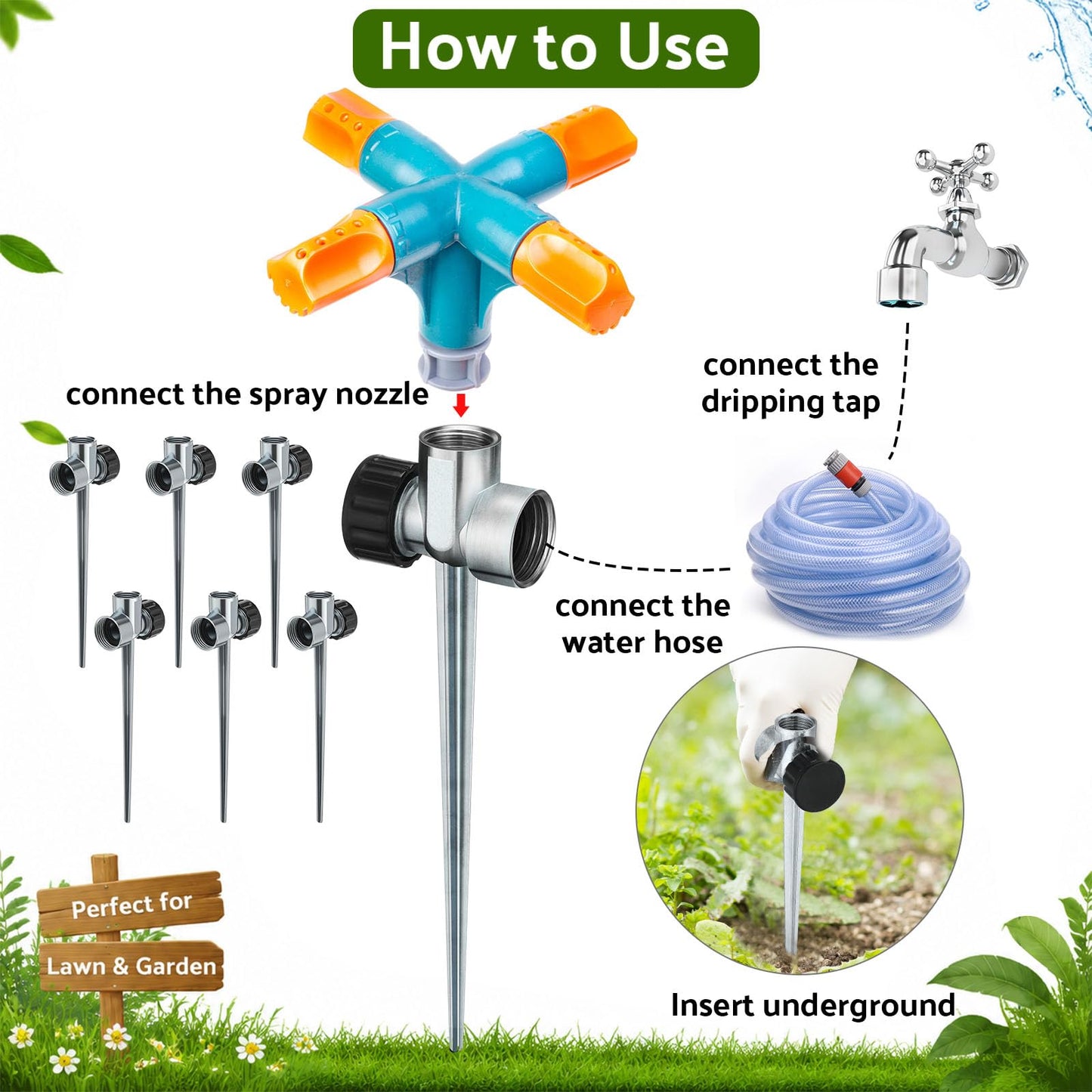 CHENGU 18 Pack 1/2" Lawn Sprinkler Spike Base for Yard, Zinc Heavy Duty Water Flow Thru Sprinkler, Garden, Grass Irrigation, Leakproof Ground Spike, Easy Install