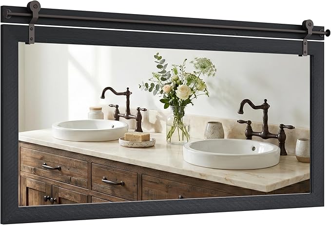 27"x49" Large Black Barn Door Mirror, Solid Wood Framed Accent Wall Mirror