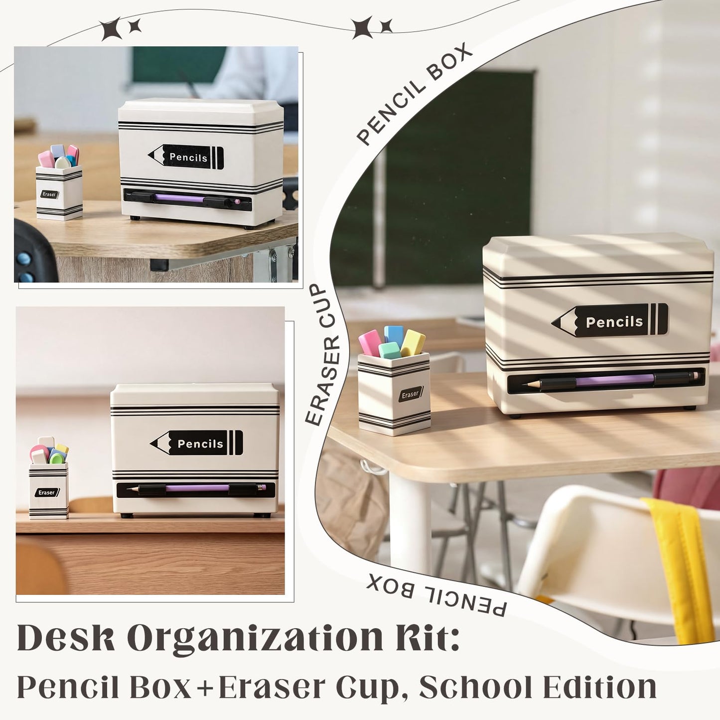 Gueevin 2pcs Pencil Dispenser for Classroom, Fun Desk Organizer with Eraser Holder, Interactive Pencil Storage for Teachers, Students & Homeschool Desk Organizer, Back to School Supplies(White)