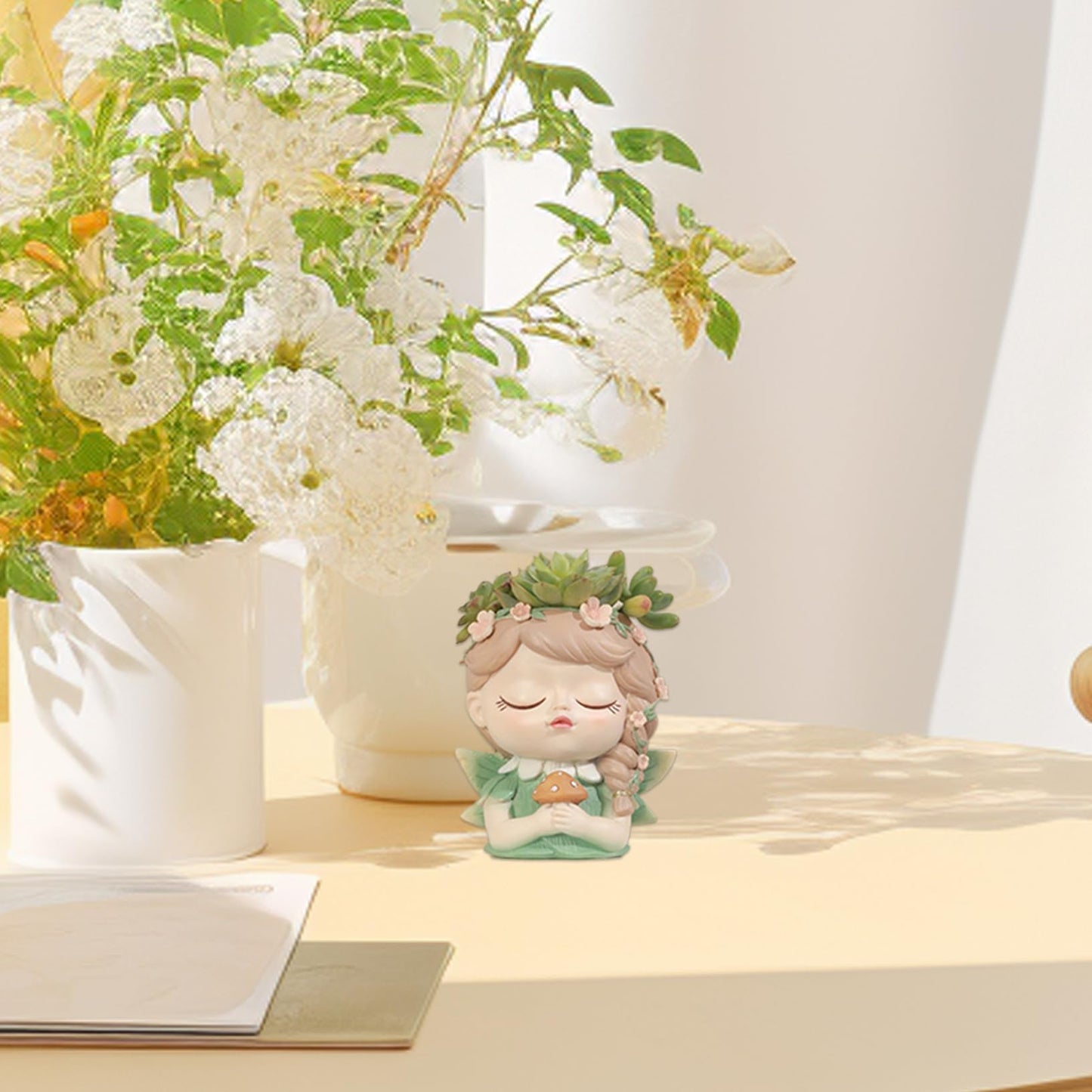Face Planter Fairy Girl Face Pots for Plants Resin Waterproof Pot with Drainage Hole Small Cute Girl Face Succulent Pots for Indoor Outdoor Plants Tiny Cactus Holding