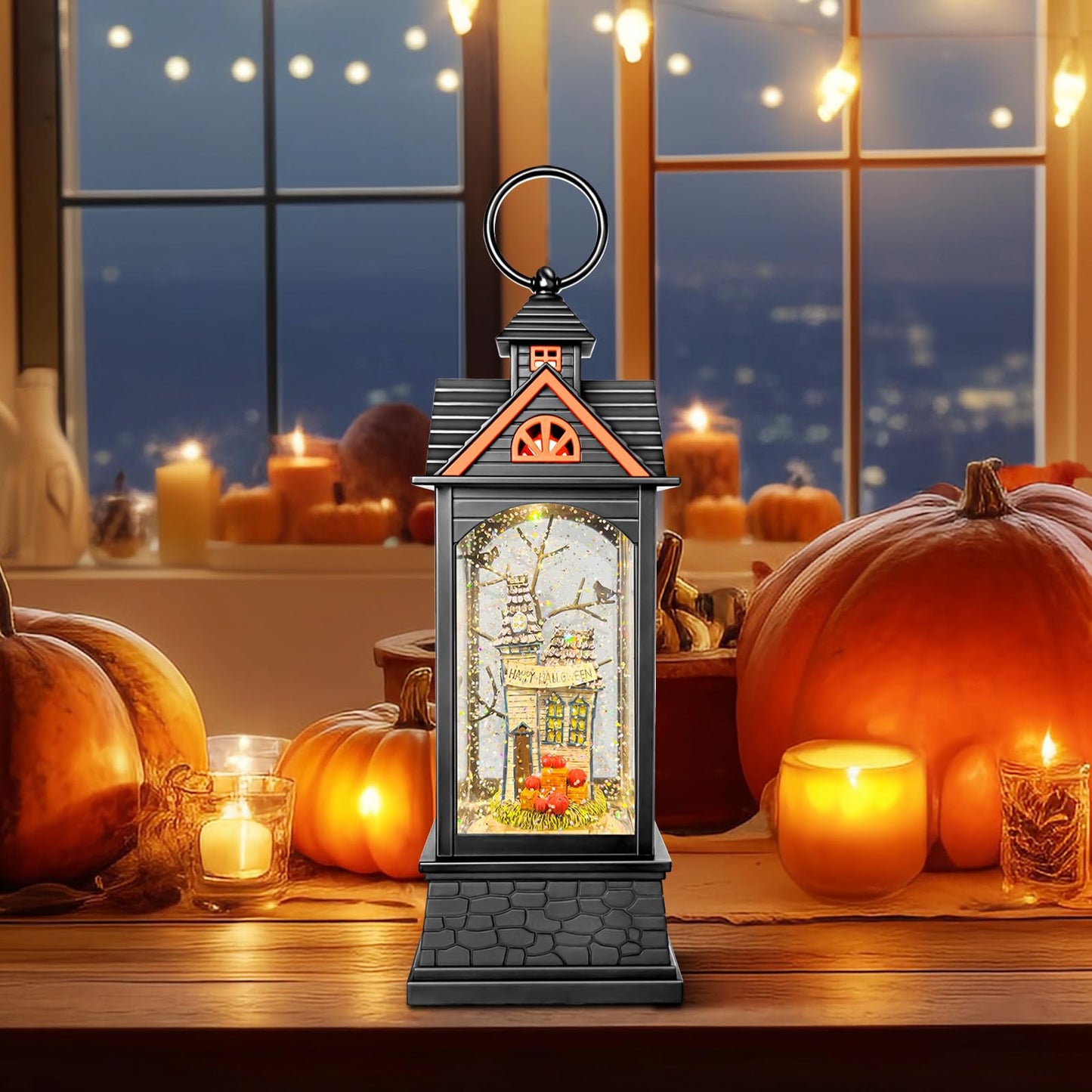 AOMIL Halloween Snow Globe Lantern, Spooky Ghost Halloween Decor, Plug-in & Battery Operated Snow Globes for Halloween Decorations Indoor