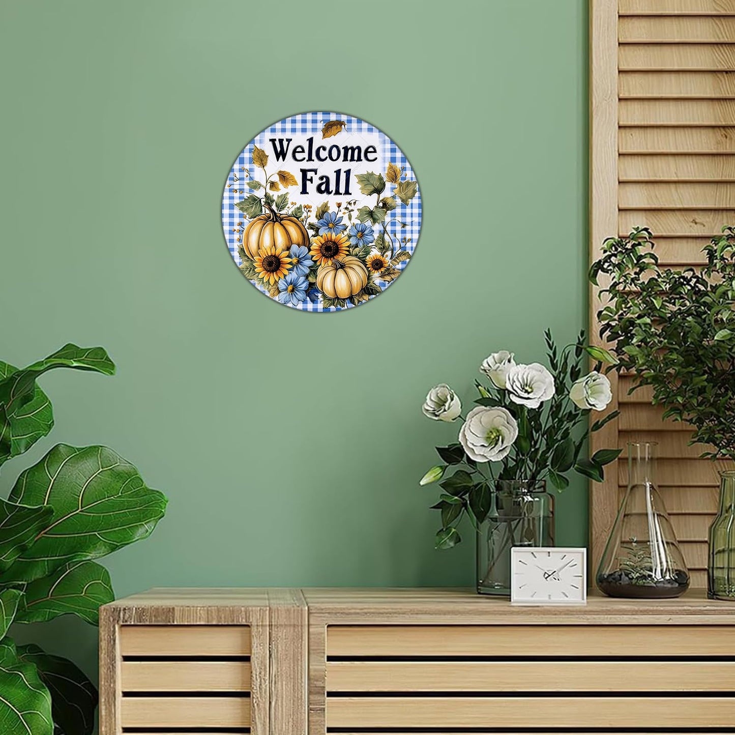 KIYOYO Retro Round Metal Tin Sign Blue Welcome Fall Pumpkins Sign Craft Supplies Pumpkin Wreath Supplies Wreath Center Home Decoration Art Poster 12x12 Inch