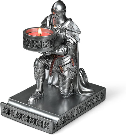King's Guard Kneeling Knight Candlestick Holders Resin Posture TeaLight Holder Warrior Mobile Phone Stand Pen Holder Candle Holder for Restaurant, Altar, Home Table(Silver)