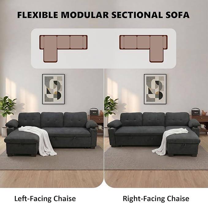 KCGKCG 93" L Shaped Sleeper Sofa Bed, Pull Out Sectional Couch