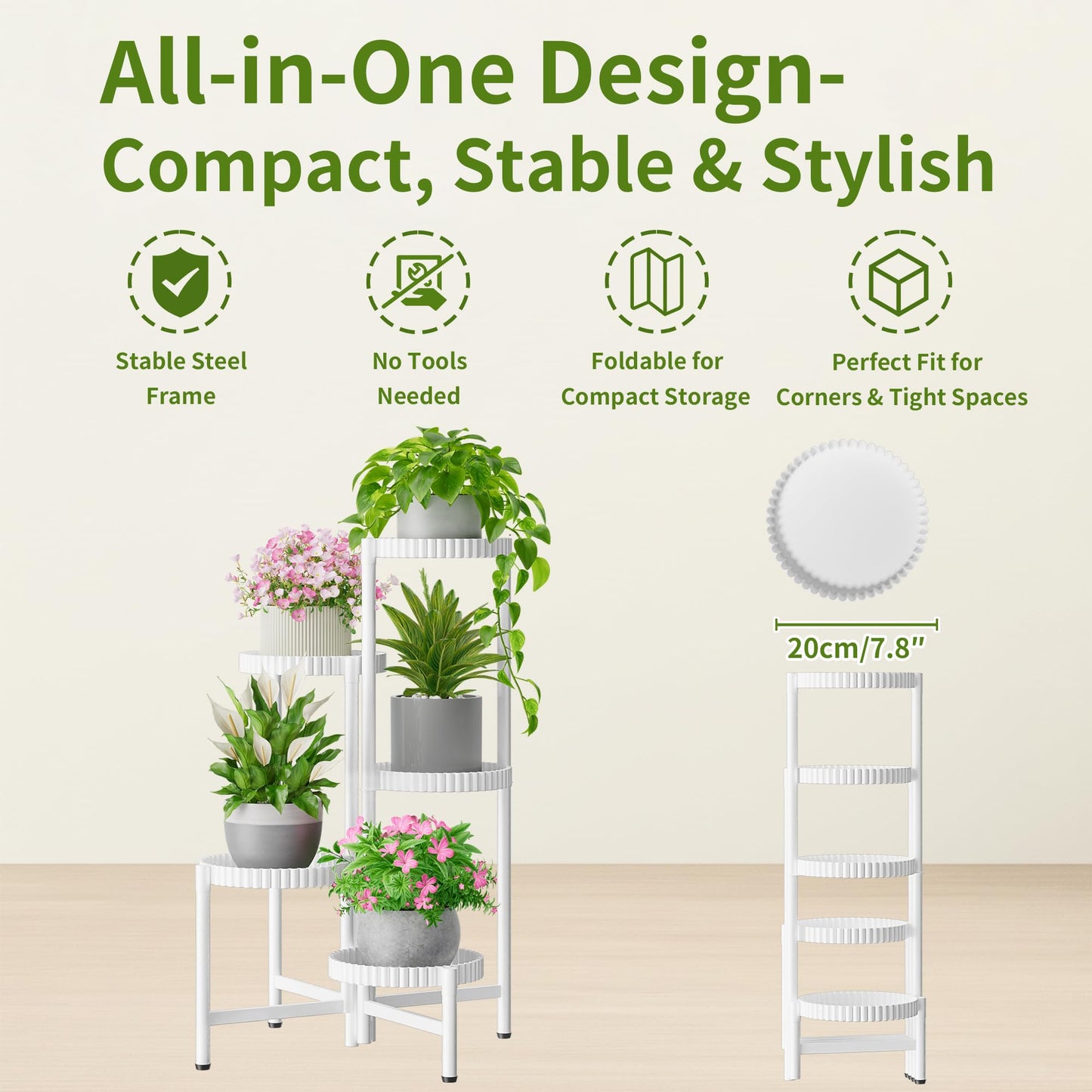 NQW 5 Tier Large Plant Stand Indoor with 7.9 Inch Wide Tray, Tiered Corner Metal Outdoor Flower Display Holder Shelf, Folding Tall Rack for Patio Porch Living Room Balcony - WhiteFloroma